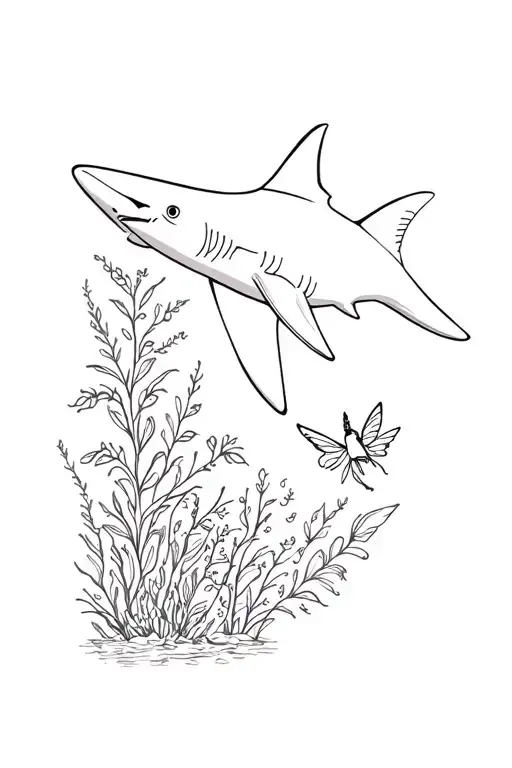 A Black Reef Shark With Plants And A Wolf And A Fairy