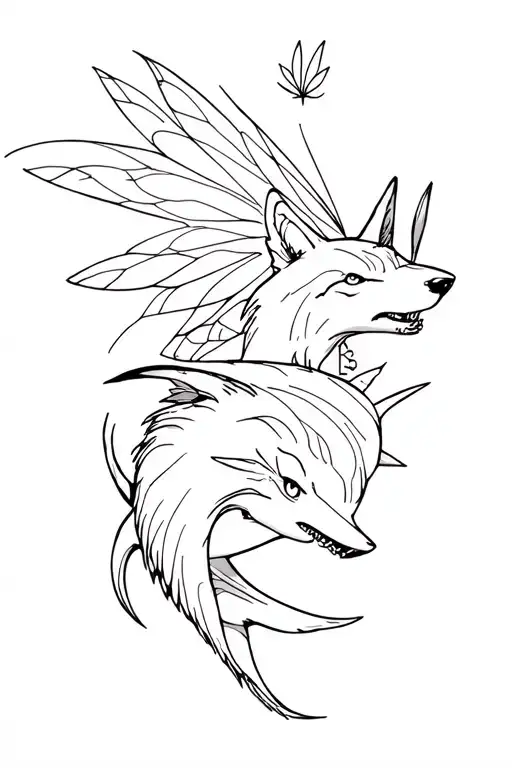 A Black Reef Shark And A Wolf And A Fairy