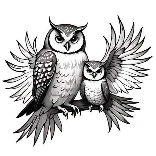Mother And Baby Owl Flying