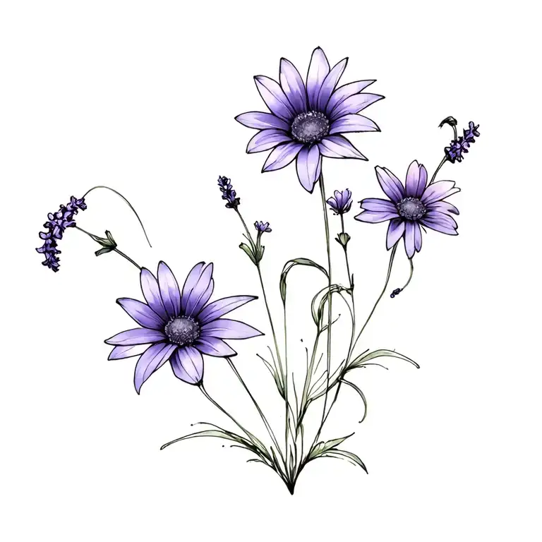 Lilys Lavender Violets Daisys Cosmos Flowers Long Skinny Fine Line Spine