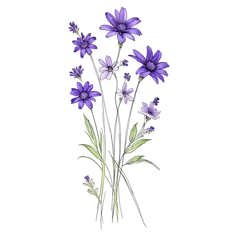 Lilys Lavender Violets Daisys Cosmos Flowers Long Skinny Fine Line Spine