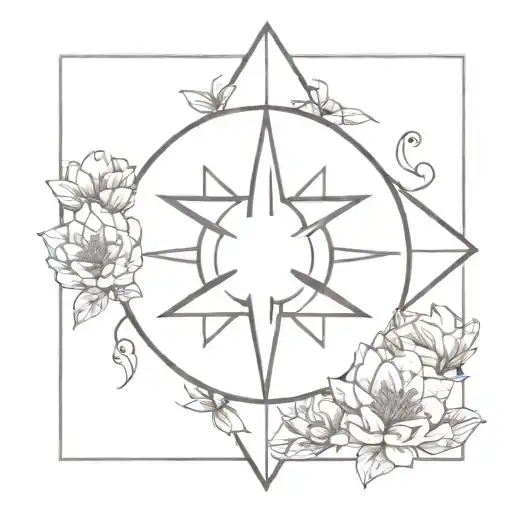 A Minimalist Outline Of A Compass Rose Surrounded By Blooming Flowers