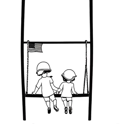 Two Children With Military Helmet On A Swing