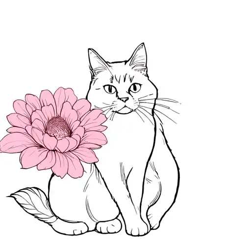 Black And White Persian Cat Line Sketch Playing With Pink Flower