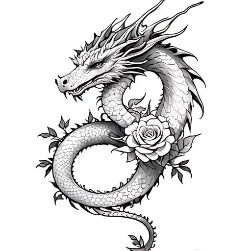 Victorian Style Dragon With Roses Tattoo On Hip