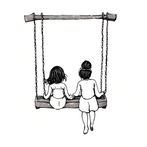 Two Children On A Swing From Behind Her Shoulder