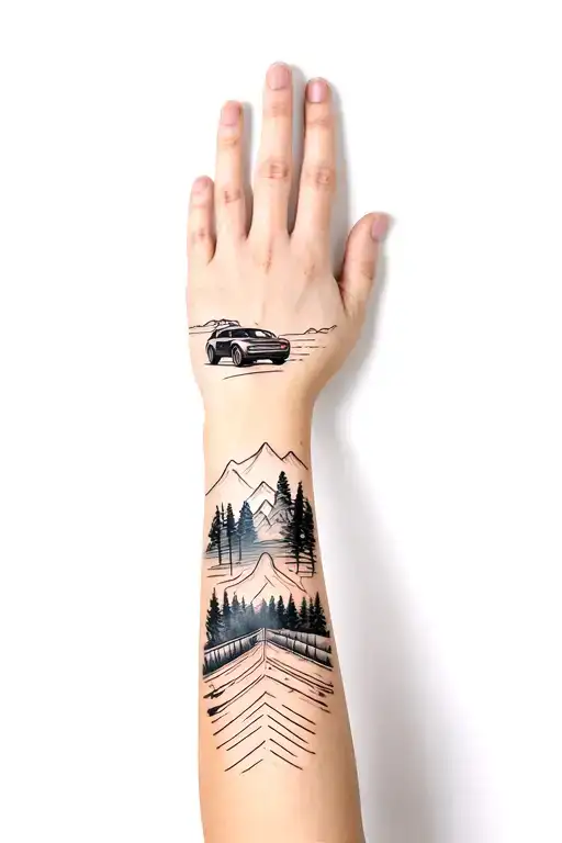 Full Hand Sleeves With Car Odomter And Forest Highway And Mountains With Travel