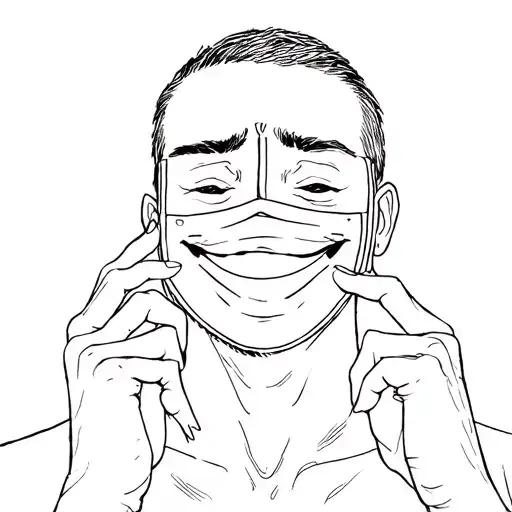 Sad Man Putting On Smile Face Mask Holding