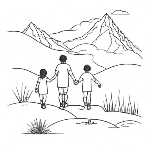 A Minimalist Design Of Children Holding Hands And Walking Towards A Mountain