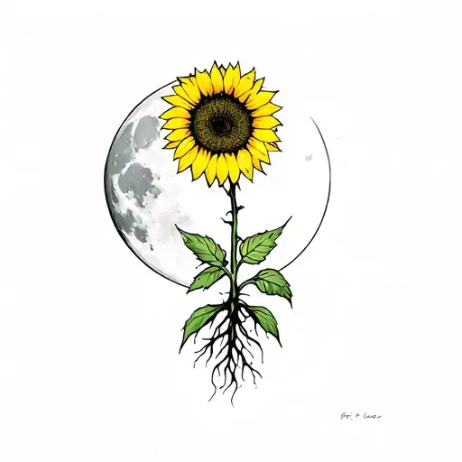 Sunflower With Root Growing Out Of A Full Moon