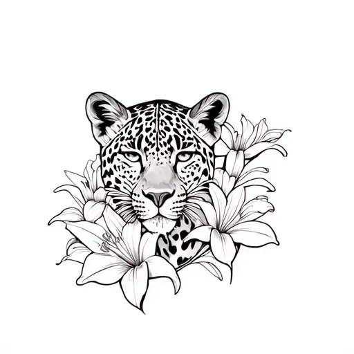 Leopard Surrounded By Fine Line Lily Flower Blooming