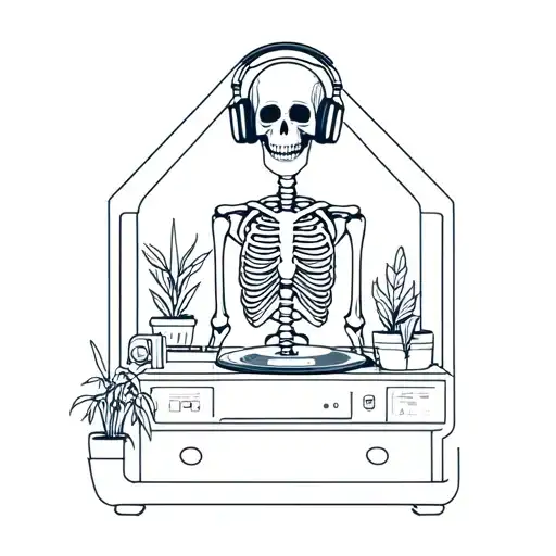 A Skeleton With Headphones Listening To A Vinyl Inside A House With Plants