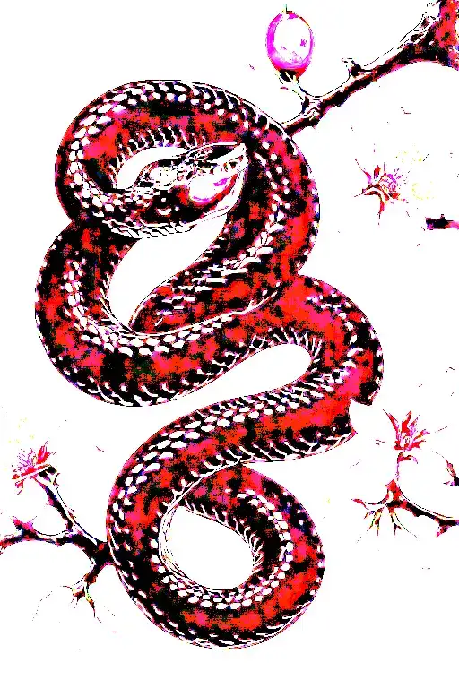 Snake Wrapped Around A Cherry Blossom Branch
