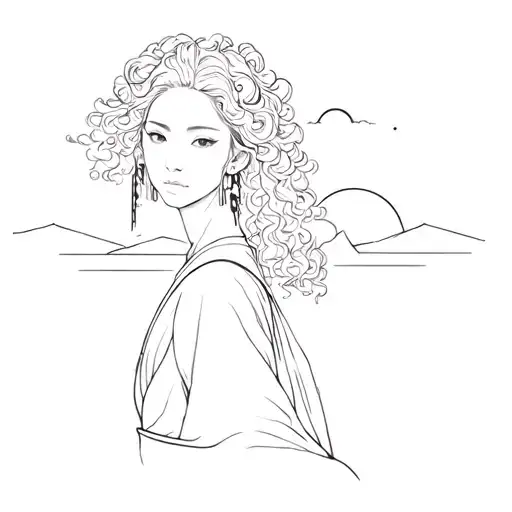 A Samurai Woman With Curly Hair Posing In Front Of A Sunset