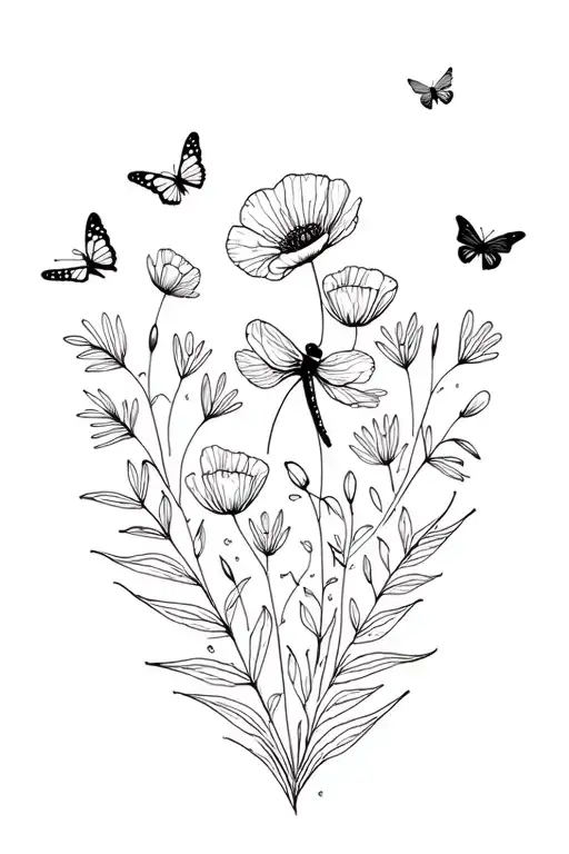 Poppies Fern Leafs Butterfly Dragonfly