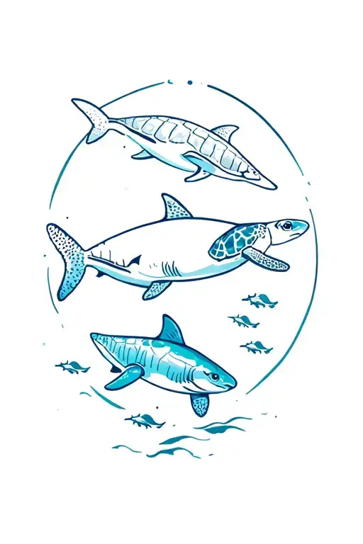 Sharks And Sea Turtles Swimming In The Ocean