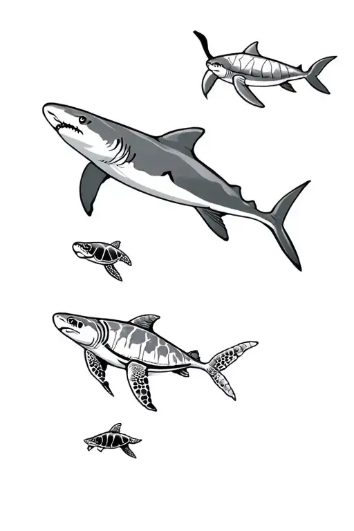 Sharks And Sea Turtles Swimming In The Ocean
