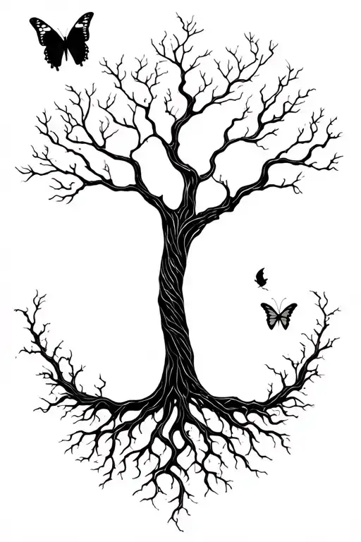 Poison Tree With Intricate Roots And Butterfly Emerging