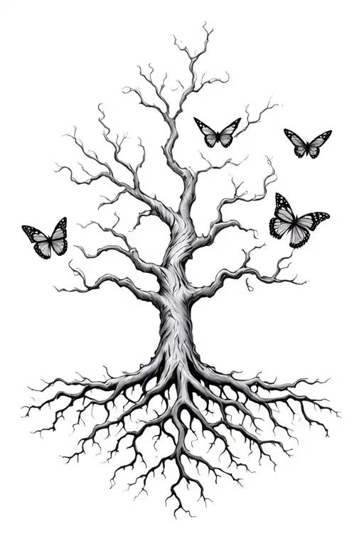 Poison Tree With Roots Reaching Deep And Monarch Butterflies