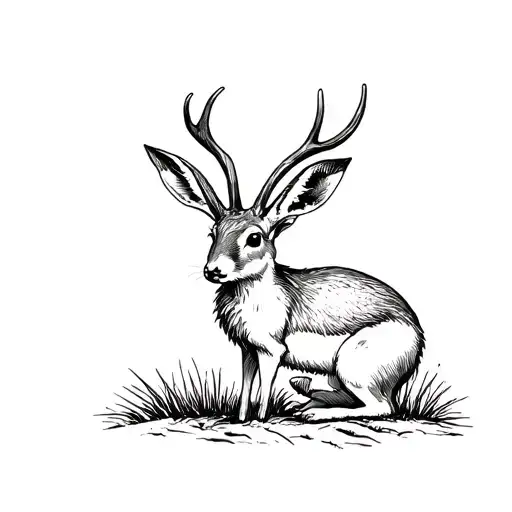 Woodcut Vintage And Surrealist Style Jackalope Full Body Looking Curious