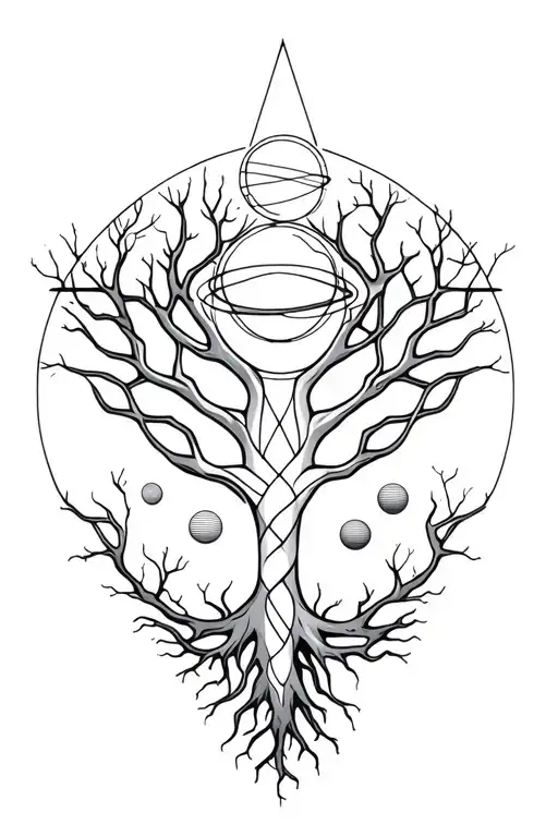 A Geometric Tattoo Of Ygdrassil With The Planets Entangled With The Tree Roots