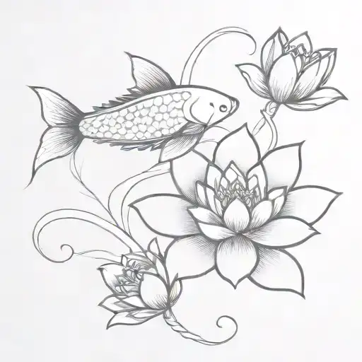 Koi Fish And Lotus Flower Intertwined