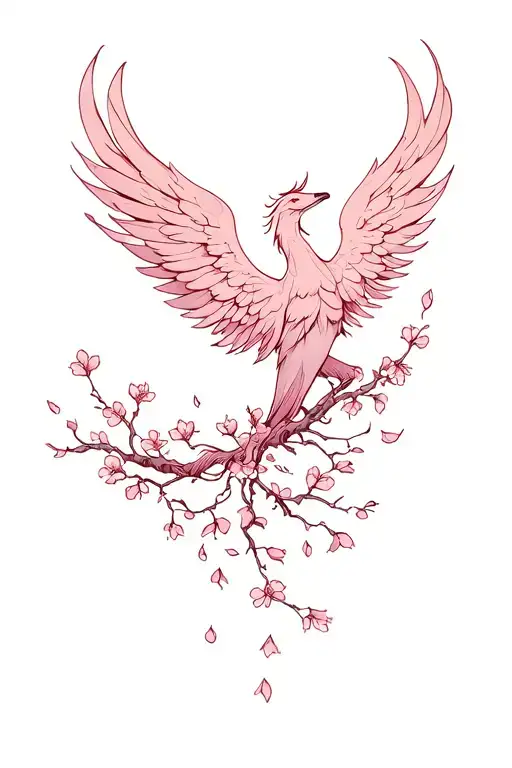 Feminine Phoenix With Cherry Blossoms Falling From The Wings Like Petals