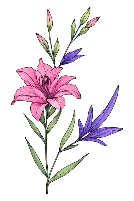 Pink Gladiolus And Purple Violet Flower Tattoo Design