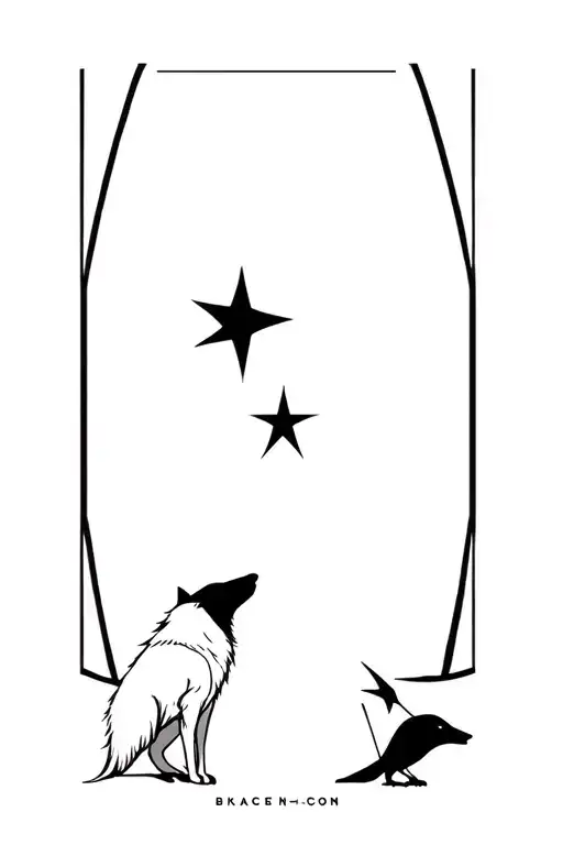 Blackbird And Wolf With Star In Background