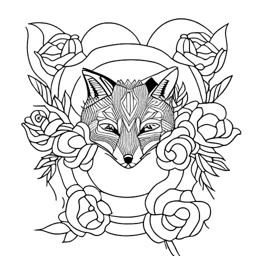 A Minimalist Tattoo Design Of A Fox Surrounded By Peonies And Roses