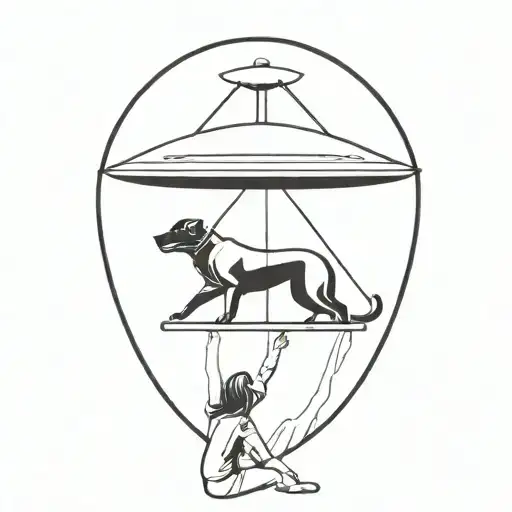 Silhouette Of A Dog And Woman Being Lifted Up Into A Ufo Abducting