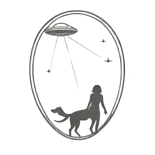 Silhouette Of A Dog And Woman Being Abducted By A Ufo