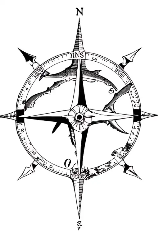 Compass Underwater With Sharks And Skulls Surrounded