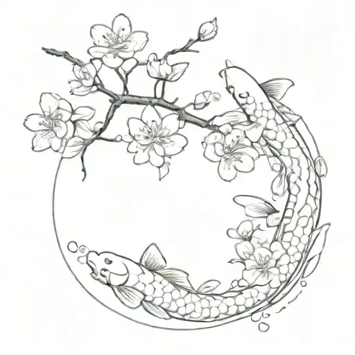 Koi Fish Pond With Cherry Blossom Tree