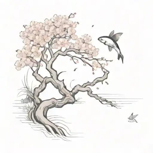 Cherry Blossom Tree Landscape With A Pond With Koi Fish In The Pond