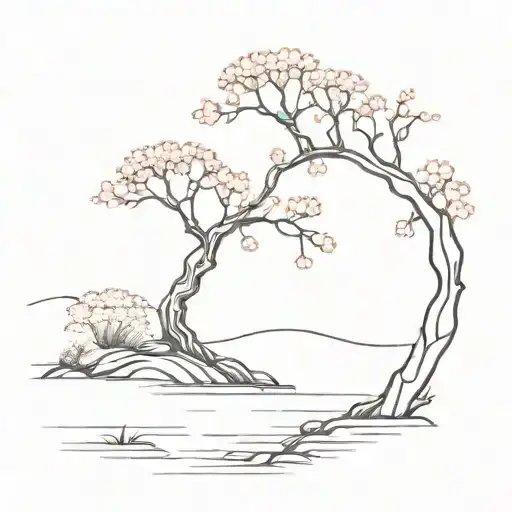 Cherry Blossom Tree Landscape With A Pond