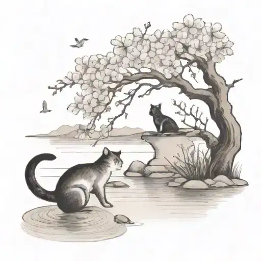 Pond With A Cherry Blossom Tree And Cat Reaching Into Water To Catch Fish