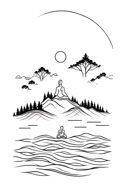 Ocean Forest And Mountains With Meditating Stickfigure At The Top