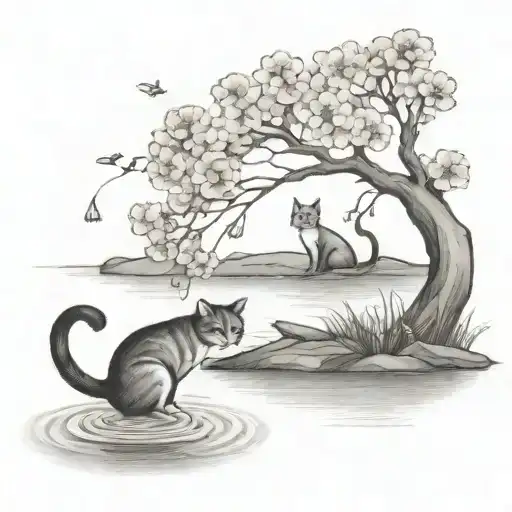 Pond With A Cherry Blossom Tree And Cat Reaching Into Water To Catch Fish