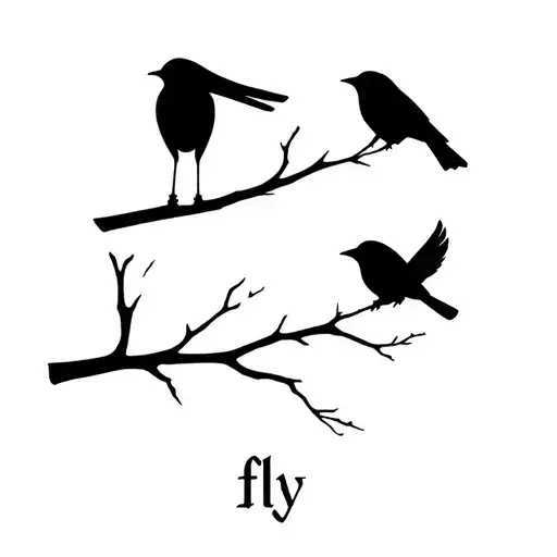3 Black Birds Small On A Branch With The Word Fly