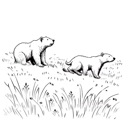 Bear Cubs Playing In A Field