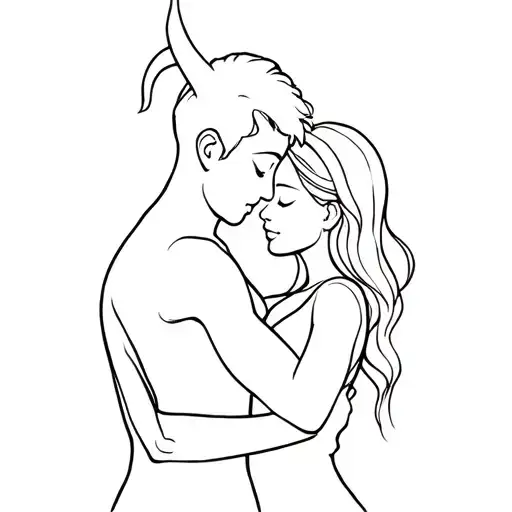 A Woman With Horn Hug A Man Softly