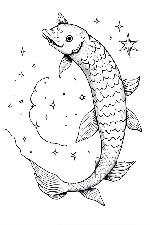 Koi Fish In Combination With Moon Surrounded By Stars