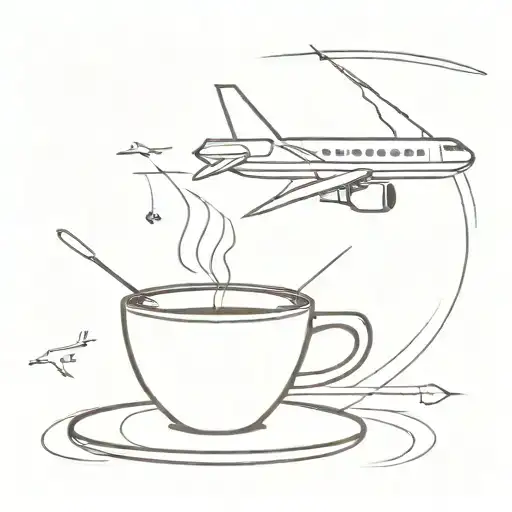 A Minimalist Airplane Flying Over A Coffee Cup Filled With Travel Souvenirs