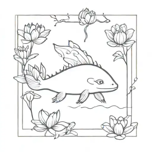 Axolotl And Lotus Flower