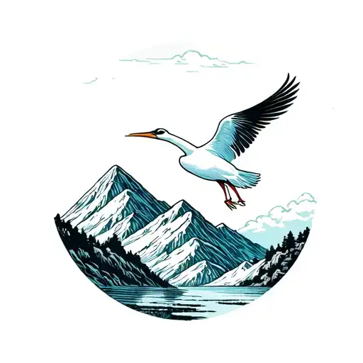 Stork Flying Over The Mountain In The Night