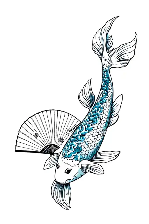 Koi Fish Tattoo With Waves And A Japanese Fan And Charm For Good Luck