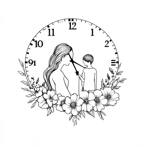 Mother And Son Tatoo With Time And Flowers
