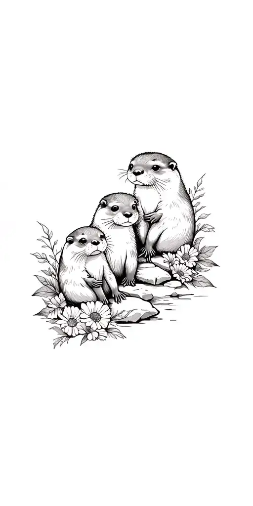 3 Decorative Otters Holding Rocks Surrounded By Flowers