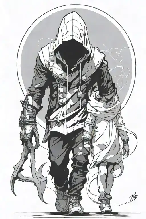 A Girl And A Huge Hooded Beast Walking Side By Side